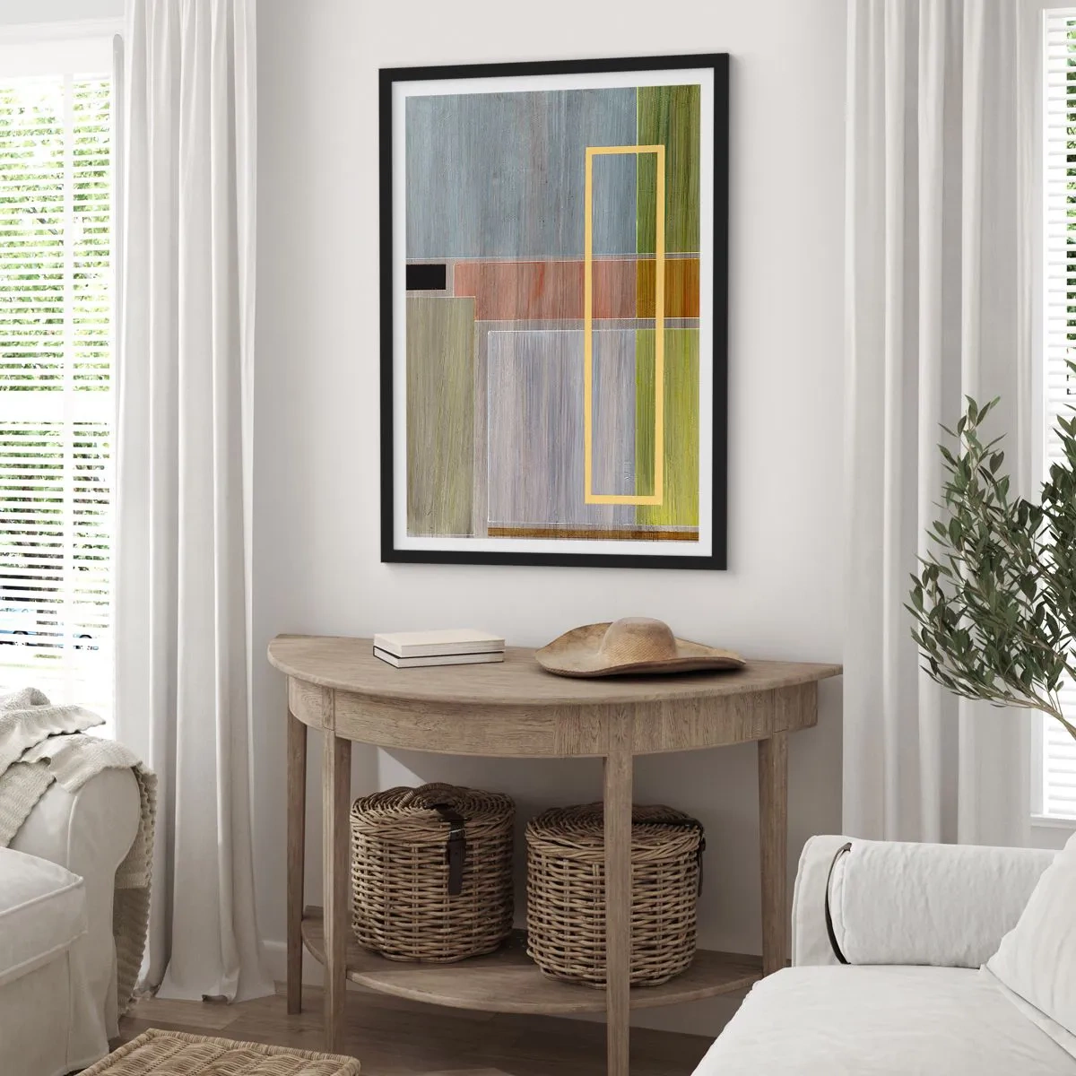 Pôster com moldura preta - Abstração geométrica em cores suaves - 50x70cm - Simples e calmo - Decoração de parede moderna para a sala de estar e quarto ARTTOR