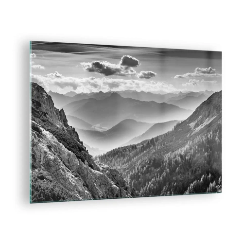 Quadro em vidro - Panorama de montanha em preto e branco com vista para o vale - 70x50cm - Até ao horizonte - Decoração de parede moderna para a sala de estar e quarto ARTTOR
