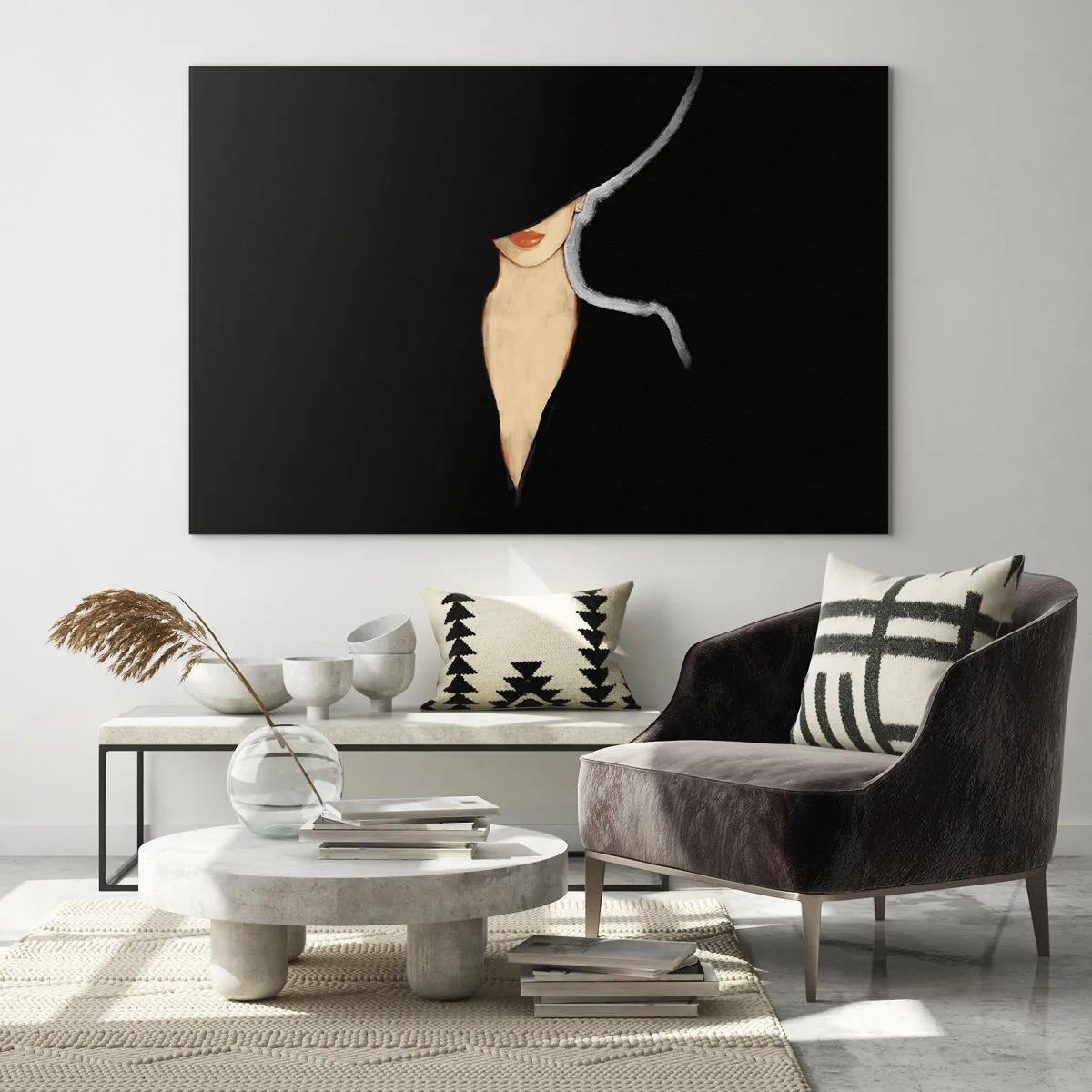 Quadro em vidro - Um retrato sutil de uma mulher contra um fundo preto - 70x50cm - Elegância e estilo - Decoração de parede moderna para a sala de estar e quarto ARTTOR