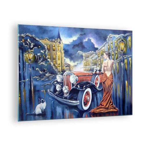 Quadro em vidro - Uma mulher com um vestido elegante ao lado de um carro clássico - 70x50cm - Música instrumental em azul e coral - Decoração de parede moderna para a sala de estar e quarto ARTTOR