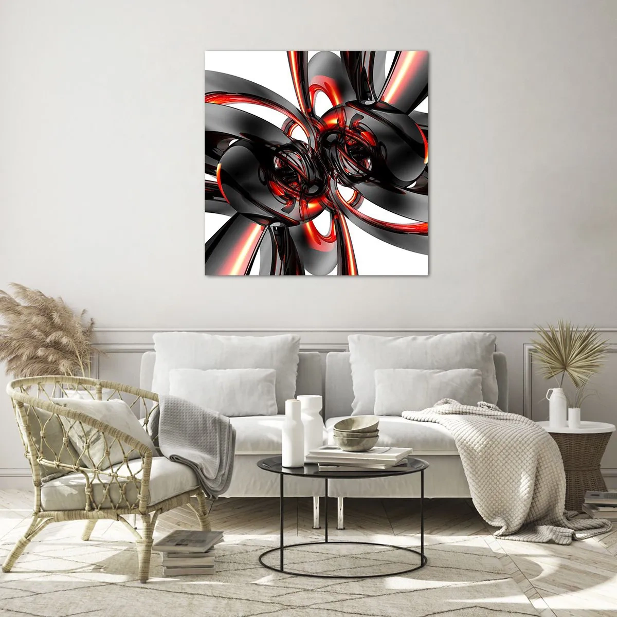 Quadro em vidro - Movimento em grafite e vermelho - 50x50 cm