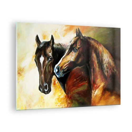 Quadro em vidro - Dois cavalos em uma composição artística e dinâmica - 70x50cm - Encanto em dobro - Decoração de parede moderna para a sala de estar e quarto ARTTOR