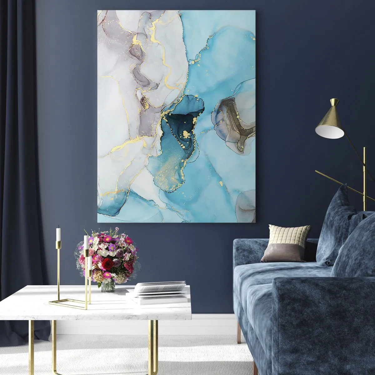 Quadro em vidro - Estudo do encontro do cinza e turquesa - 70x100 cm