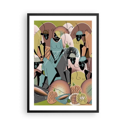 Pôster com moldura preta - Uma composição estilizada de figuras africanas com frutas em tons pastéis. - 50x70cm - Uma grande festa se aproxima - Decoração de parede moderna para a sala de estar e quarto ARTTOR