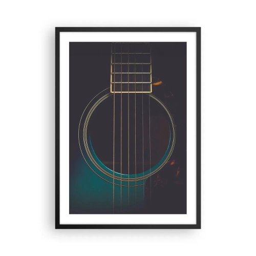 Pôster com moldura preta - Um close artístico do tampo harmônico de um violão. - 50x70cm - Um momento antes de soar - Decoração de parede moderna para a sala de estar e quarto ARTTOR