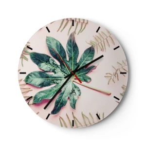 Relógio de parede - Relógio em vidro - Uma grande folha verde sobre um fundo rosa claro com detalhes florais. - 30x30cm - Estudo do verde em um fundo rosa - Decoração de parede moderna para a sala de estar, cozinha e quarto ARTTOR