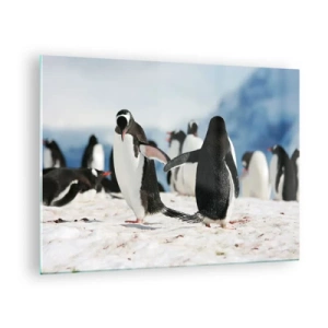 Quadro em vidro - Pinguins na neve em um cenário polar - 70x50cm - Dança na neve - Decoração de parede moderna para a sala de estar e quarto ARTTOR