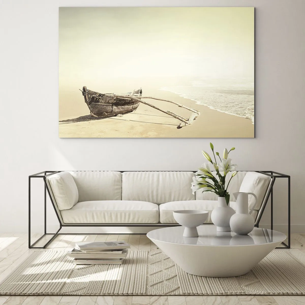 Quadro em vidro - Um velho barco de pesca na areia da praia - 70x50cm - Memória dos mares do sul - Decoração de parede moderna para a sala de estar e quarto ARTTOR