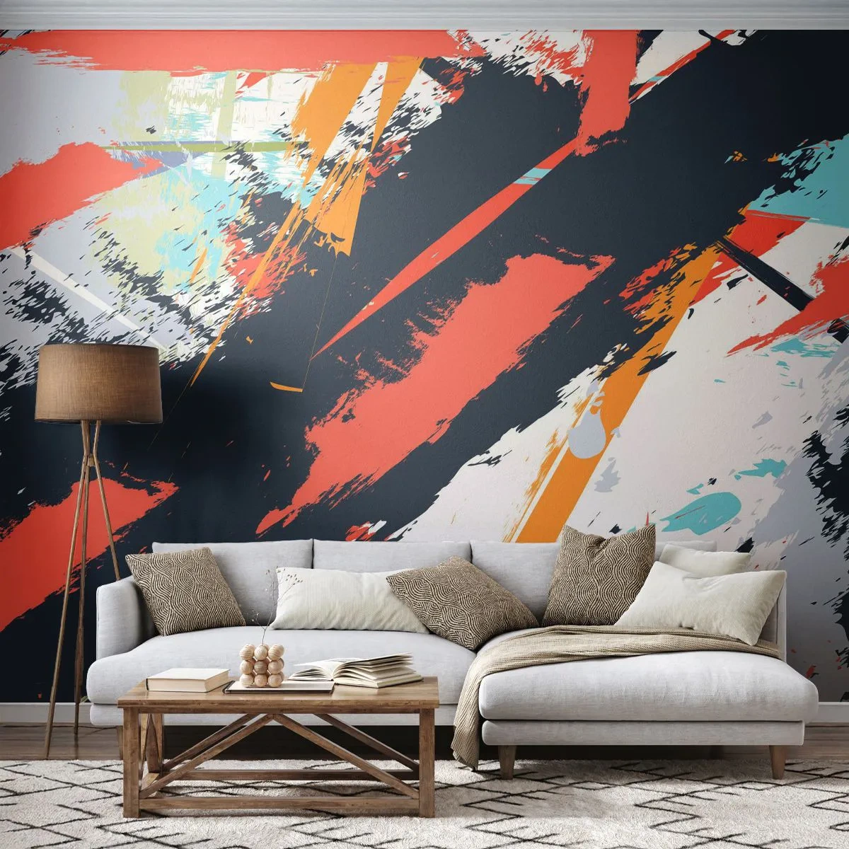 Papel de Parede Autocolante Deluxe Sticker - Composição dinâmica - Abstração, Grafite, Pedaço - 450x315 cm