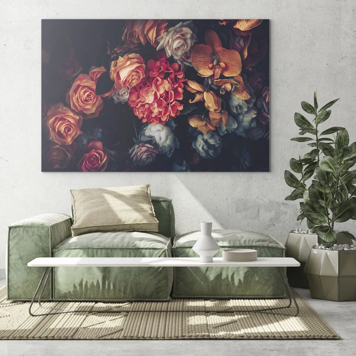 Quadro em vidro - Arranjo floral escuro com rosas e orquídeas - 70x50cm - Como nos mestres holandeses - Decoração de parede moderna para a sala de estar e quarto ARTTOR