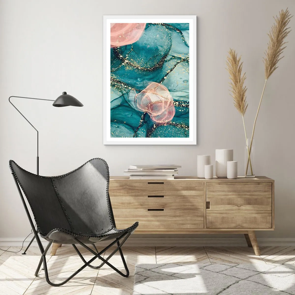 Pôster em moldura branca - Azul seda, rosa tule - 50x70 cm