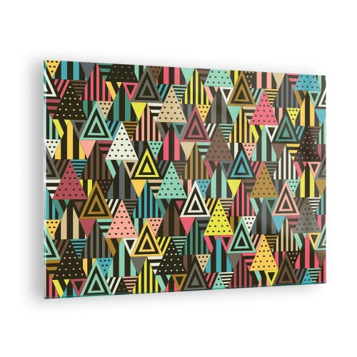 Quadro em vidro - Uma composição abstrata com triângulos em cores intensas. - 70x50cm - Em ritmo para três - Decoração de parede moderna para a sala de estar e quarto ARTTOR