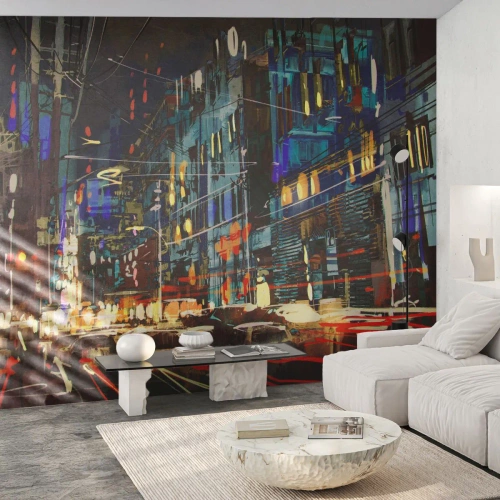 Papel de Parede Standard Eco - Panorama abstrato da cidade noturna com luzes - 100x70cm - O alvoroço da rua à noite - Decoração de parede moderna para a sala de estar e quarto ARTTOR