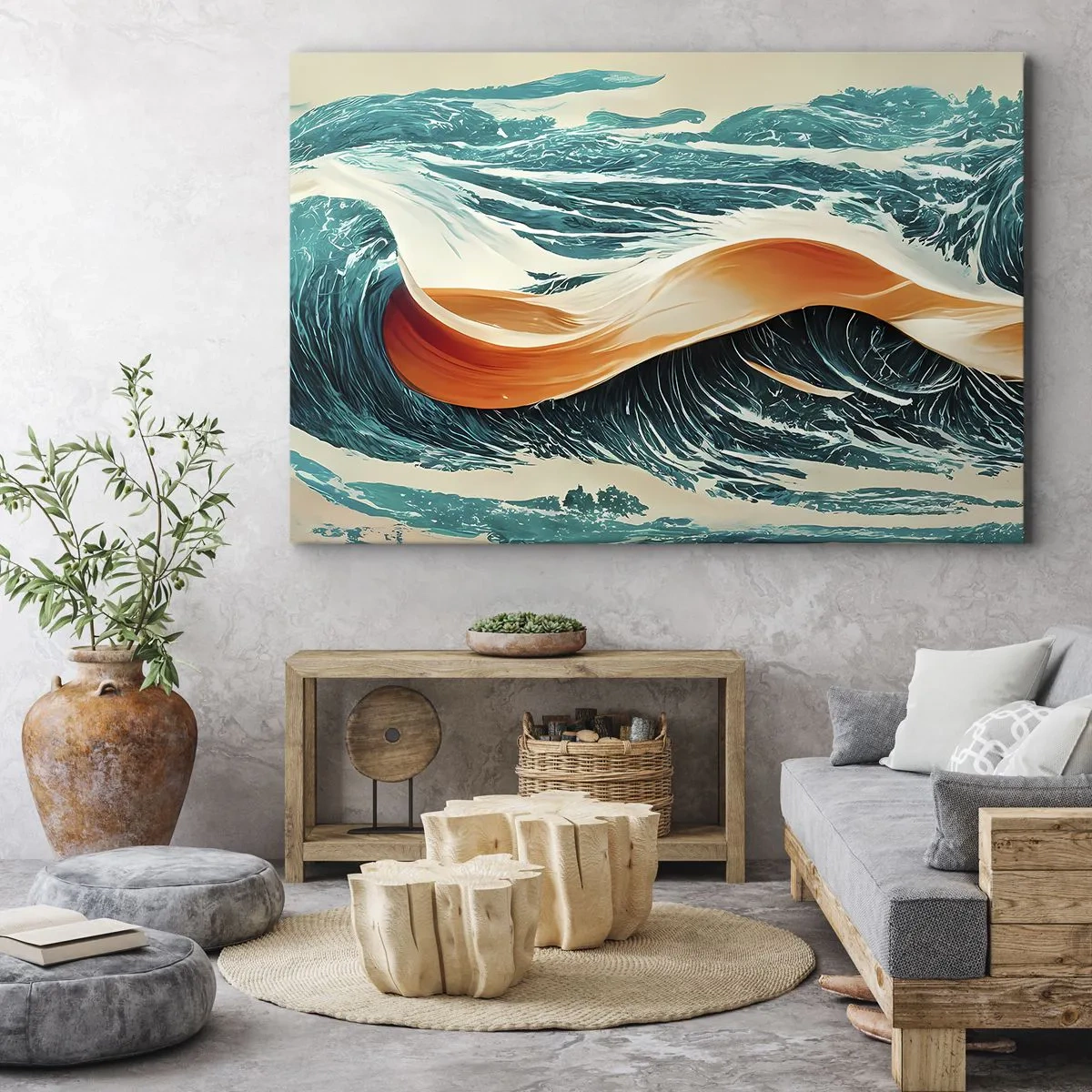 Quadro em tela - Ondas dinâmicas do mar com fita abstrata - 70x50cm - O sonho de um surfista - Decoração de parede moderna para a sala de estar e quarto ARTTOR