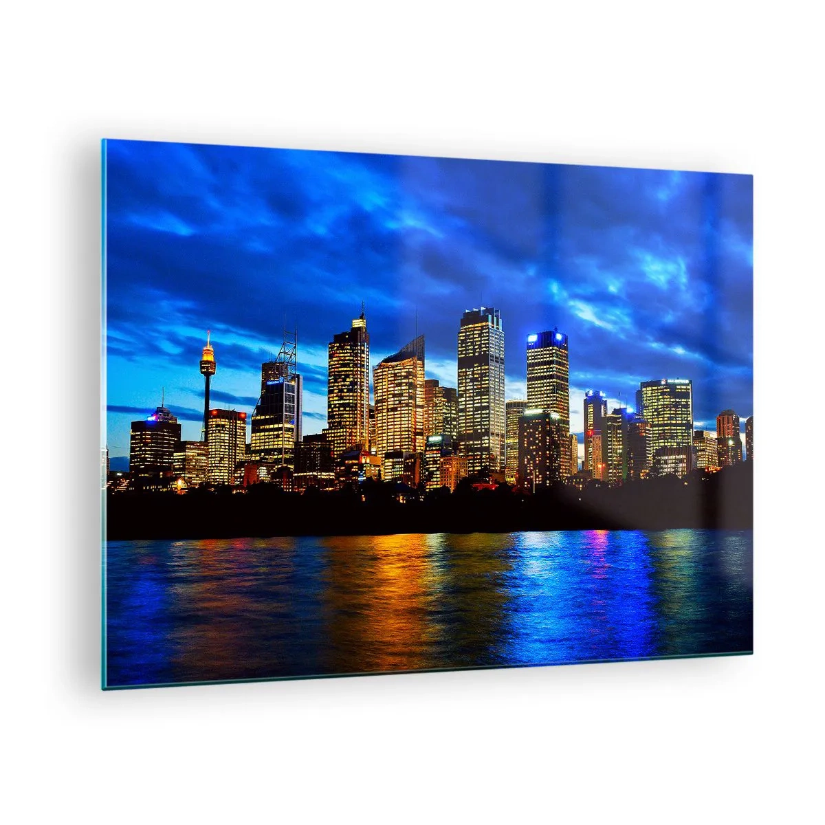 Quadro em vidro - Panorama da cidade noturna refletida na água - 70x50cm - Uma noite de luzes e cores - Decoração de parede moderna para a sala de estar e quarto ARTTOR