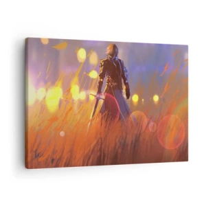 Quadro em tela - A figura de um cavaleiro à luz do pôr do sol em um campo - 70x50cm - Cavaleiro errante - Decoração de parede moderna para a sala de estar e quarto ARTTOR