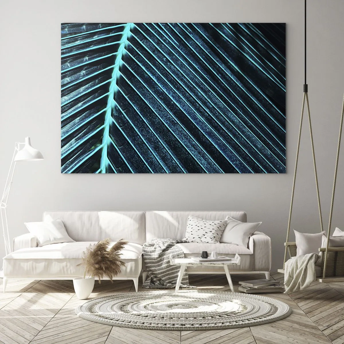 Quadro em vidro - Macrofotografia de uma folha de palmeira em tons de turquesa - 70x50cm - Textura verde - Decoração de parede moderna para a sala de estar e quarto ARTTOR