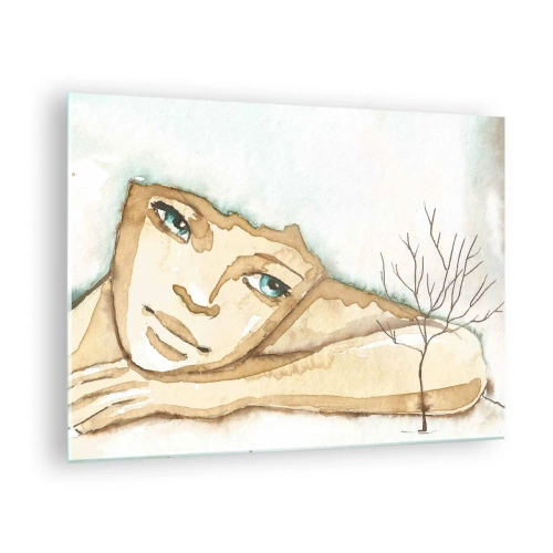 Quadro em vidro - Uma figura sutil de uma mulher com uma árvore sobre um fundo de cores aquarela - 70x50cm - A árvore da poesia cresce do silêncio - Decoração de parede moderna para a sala de estar e quarto ARTTOR