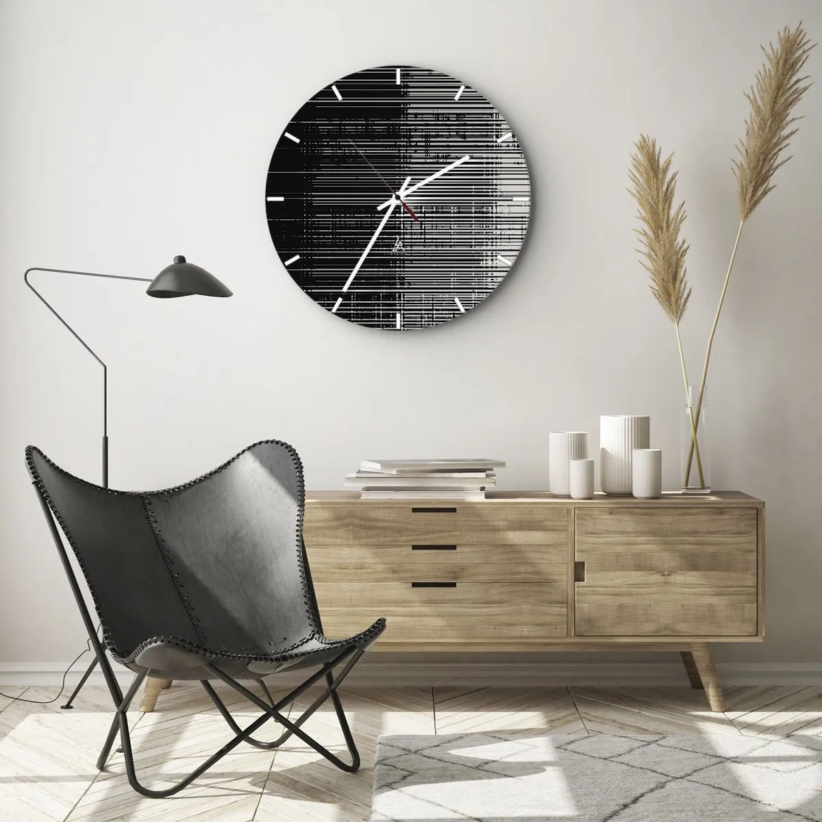 Relógio de parede - Relógio em vidro - Listras pretas e brancas criando o efeito de ondas e vibrações - 30x30cm - Ondas e vibrações - Decoração de parede moderna para a sala de estar, cozinha e quarto ARTTOR