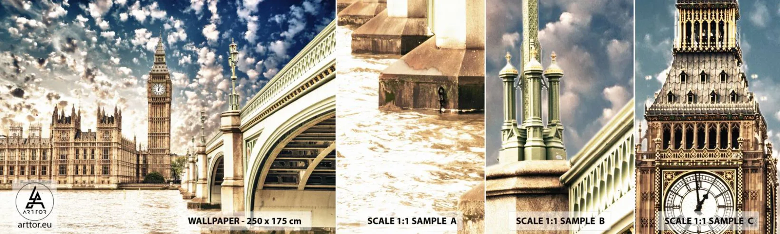 Amostra de papel de parede autocolante Deluxe Sticker - Nuvens emplumadas sobre o Tamisa - Cidade, Londres, Inglaterra - 100x30 cm