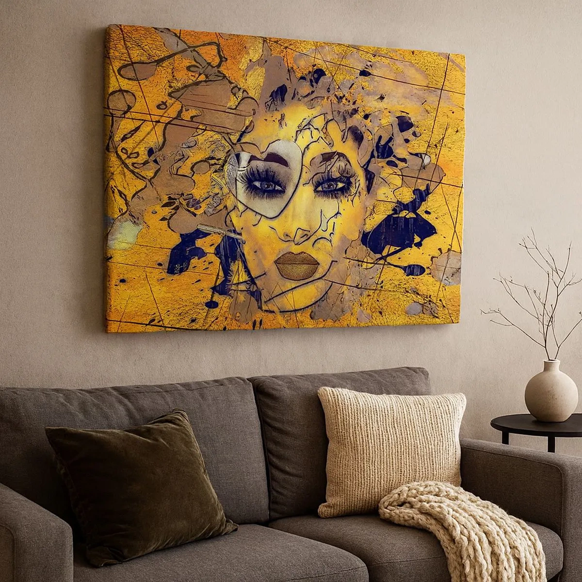 Quadro em tela - Retrato abstrato de uma mulher em tons amarelo-dourados - 70x50cm - Beleza ensolarada - Decoração de parede moderna para a sala de estar e quarto ARTTOR