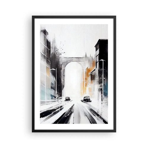 Pôster com moldura preta - Panorama abstrato da cidade com um arco monumental - 50x70cm - Estudo da cidade: arquitetura e movimento - Decoração de parede moderna para a sala de estar e quarto ARTTOR
