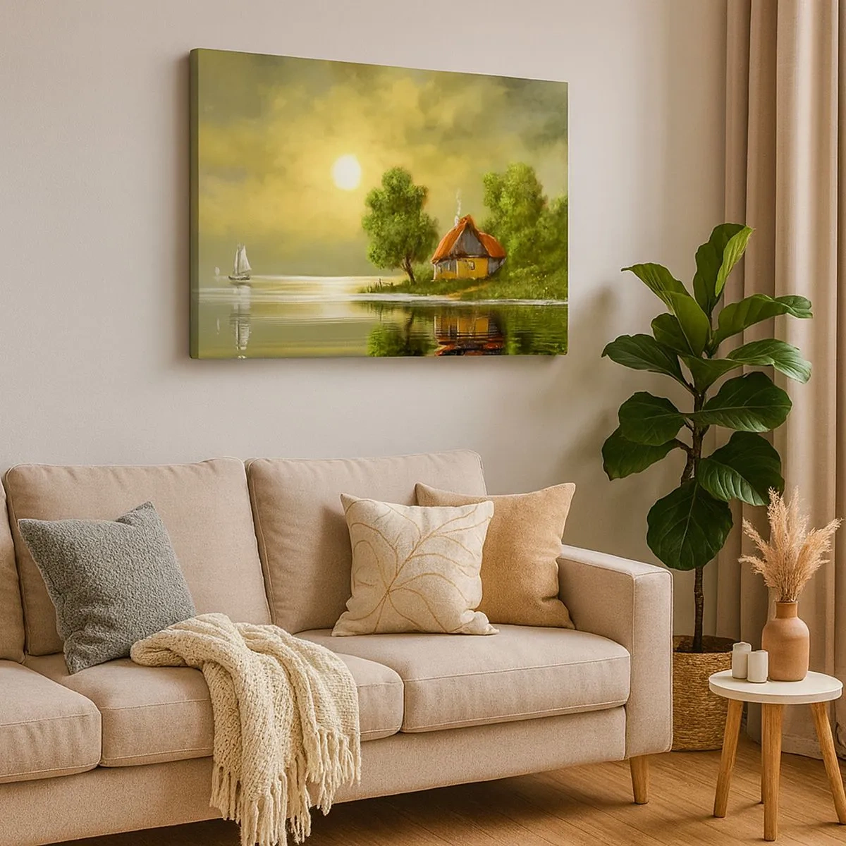 Quadro em tela - Casa do lago sob a luz do pôr do sol - 70x50cm - Lindo como uma paisagem - Decoração de parede moderna para a sala de estar e quarto ARTTOR