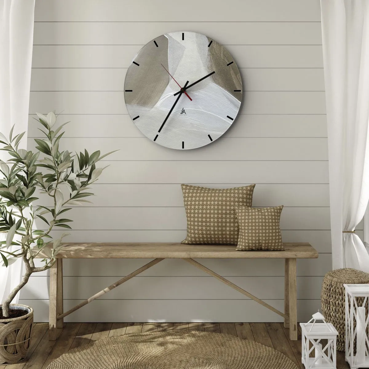 Relógio de parede - Relógio em vidro - Uma abstração brilhante com traços de branco e bege em um fundo cinza. - 30x30cm - Uma onda de branco - Decoração de parede moderna para a sala de estar, cozinha e quarto ARTTOR