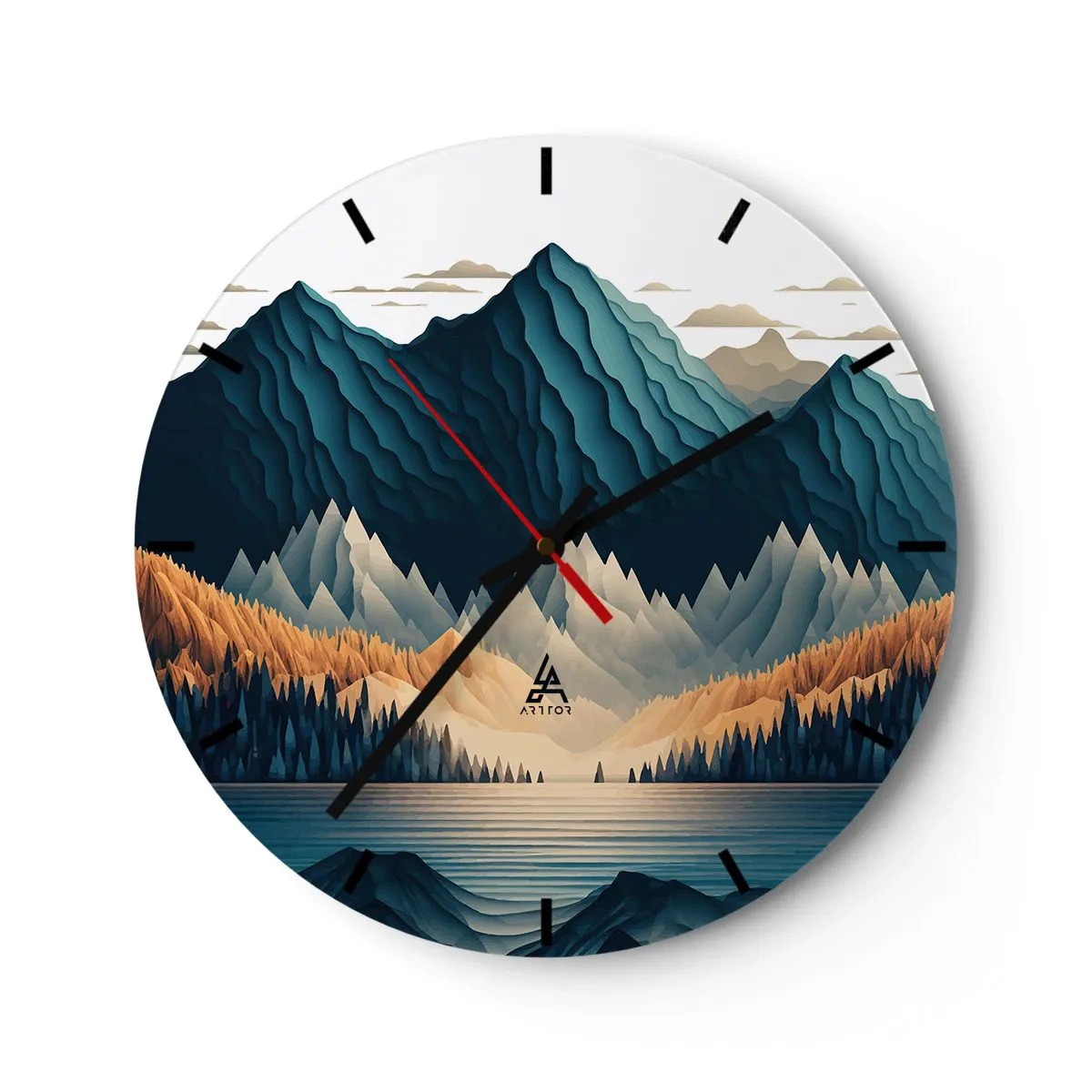 Relógio de parede - Relógio em vidro - Montanhas em tons de azul marinho e bege sobre o lago pela manhã - 30x30cm - Paisagem montanhosa perfeita - Decoração de parede moderna para a sala de estar, cozinha e quarto ARTTOR