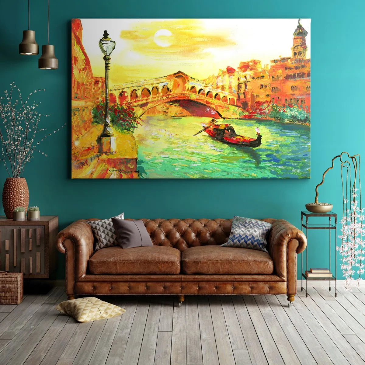 Quadro em tela - Uma ponte pitoresca sobre o canal com uma gôndola à luz do pôr do sol - 70x50cm - Romaria dos amantes - Decoração de parede moderna para a sala de estar e quarto ARTTOR