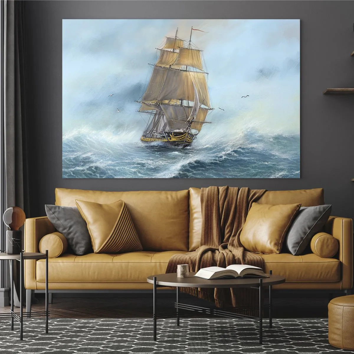Quadro em vidro - Um veleiro em um mar tempestuoso em estilo pictórico - 70x50cm - Correndo sobre as ondas - Decoração de parede moderna para a sala de estar e quarto ARTTOR