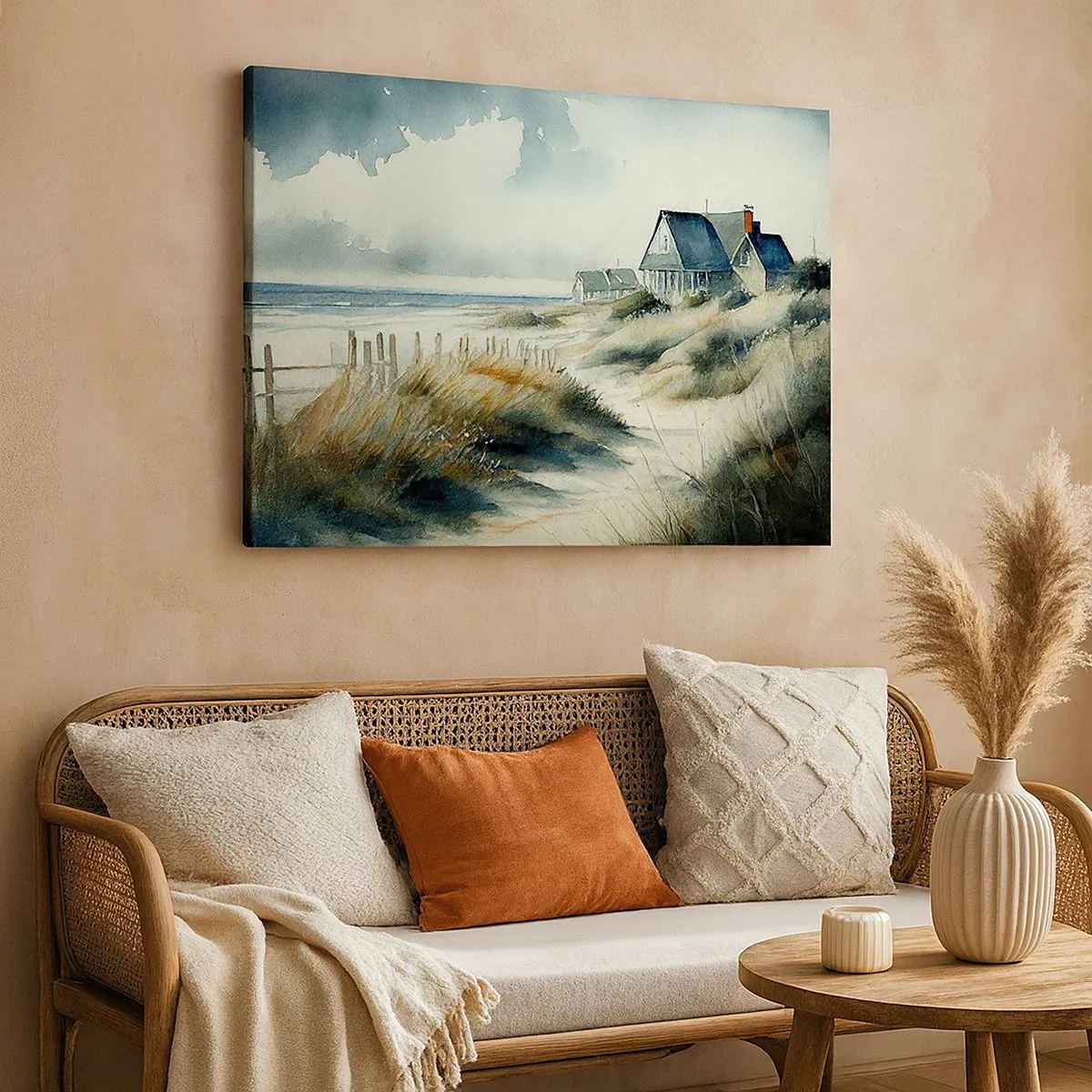 Quadro em tela - Uma casa à beira-mar cercada por grama e com vista para o mar - 70x50cm - Longe da agitação - Decoração de parede moderna para a sala de estar e quarto ARTTOR