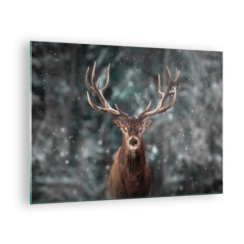 Quadro em vidro - Um cervo orgulhoso em uma floresta de inverno em meio à neve caindo - 70x50cm - O rei coroado da floresta  - Decoração de parede moderna para a sala de estar e quarto ARTTOR