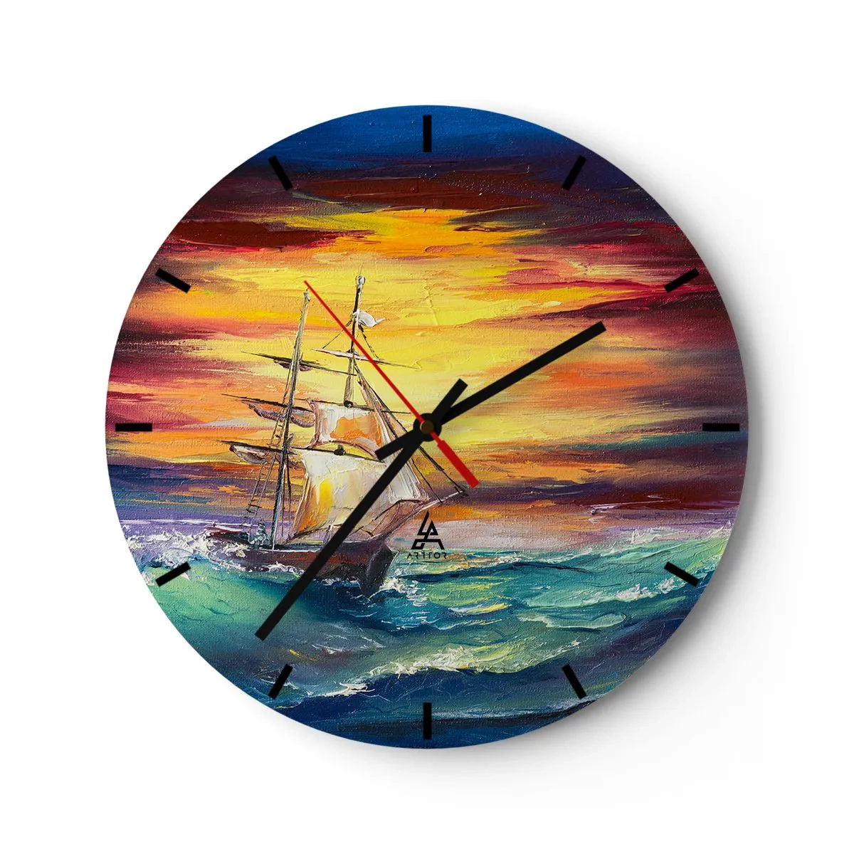Relógio de parede - Relógio em vidro - Um veleiro em um mar tempestuoso ao pôr do sol - 30x30cm - Corajosamente contra as ondas - Decoração de parede moderna para a sala de estar, cozinha e quarto ARTTOR