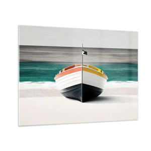 Quadro em vidro - Um barco colorido na praia com um mar turquesa ao fundo - 70x50cm - No seu lugar - Decoração de parede moderna para a sala de estar e quarto ARTTOR