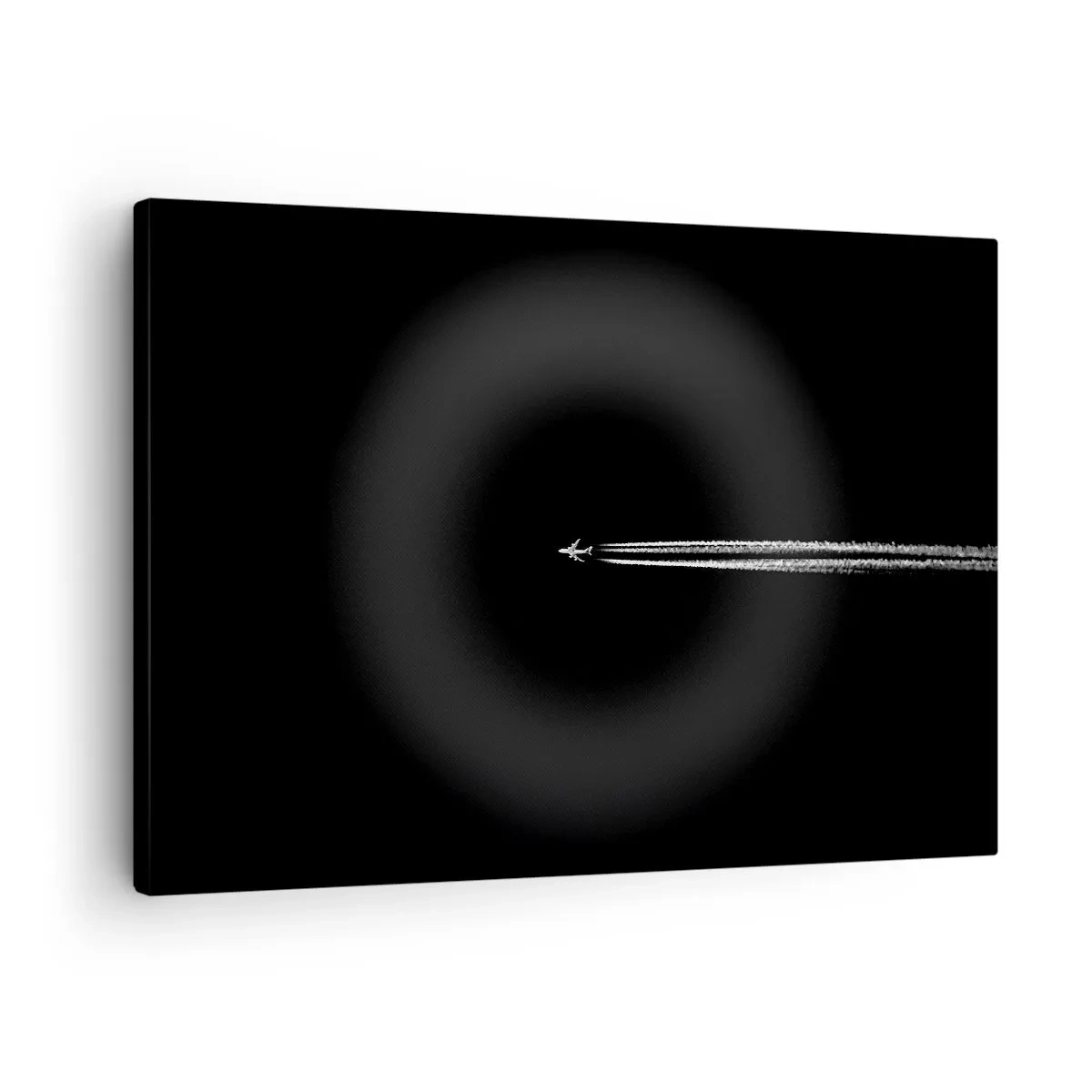 Quadro em tela - Um avião a jato com uma trilha visível em um fundo preto - 70x50cm - Em outra dimensão - Decoração de parede moderna para a sala de estar e quarto ARTTOR