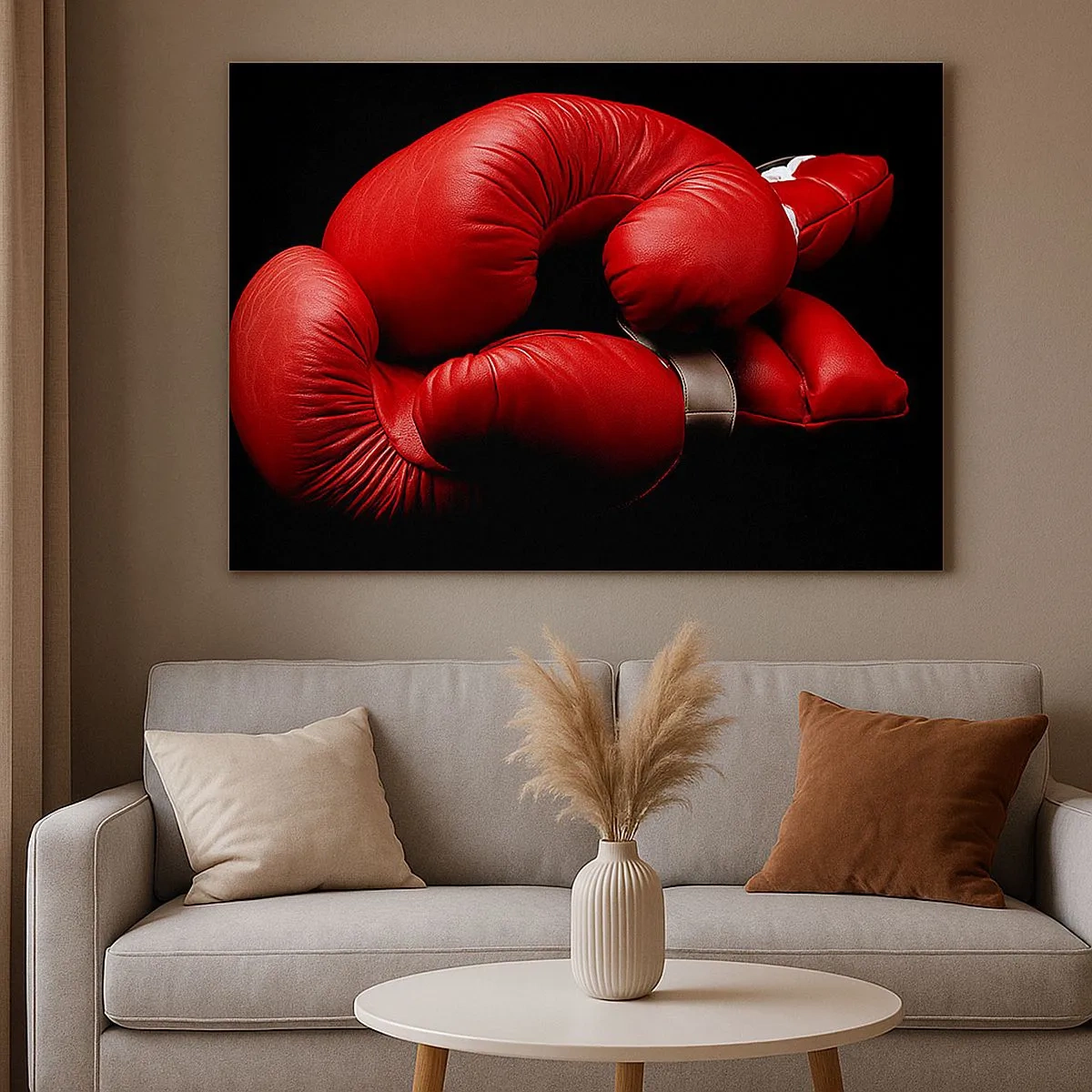 Quadro em tela - Luvas de boxe vermelhas em um fundo preto - 70x50cm - As emoções da luta ficaram para trás - Decoração de parede moderna para a sala de estar e quarto ARTTOR