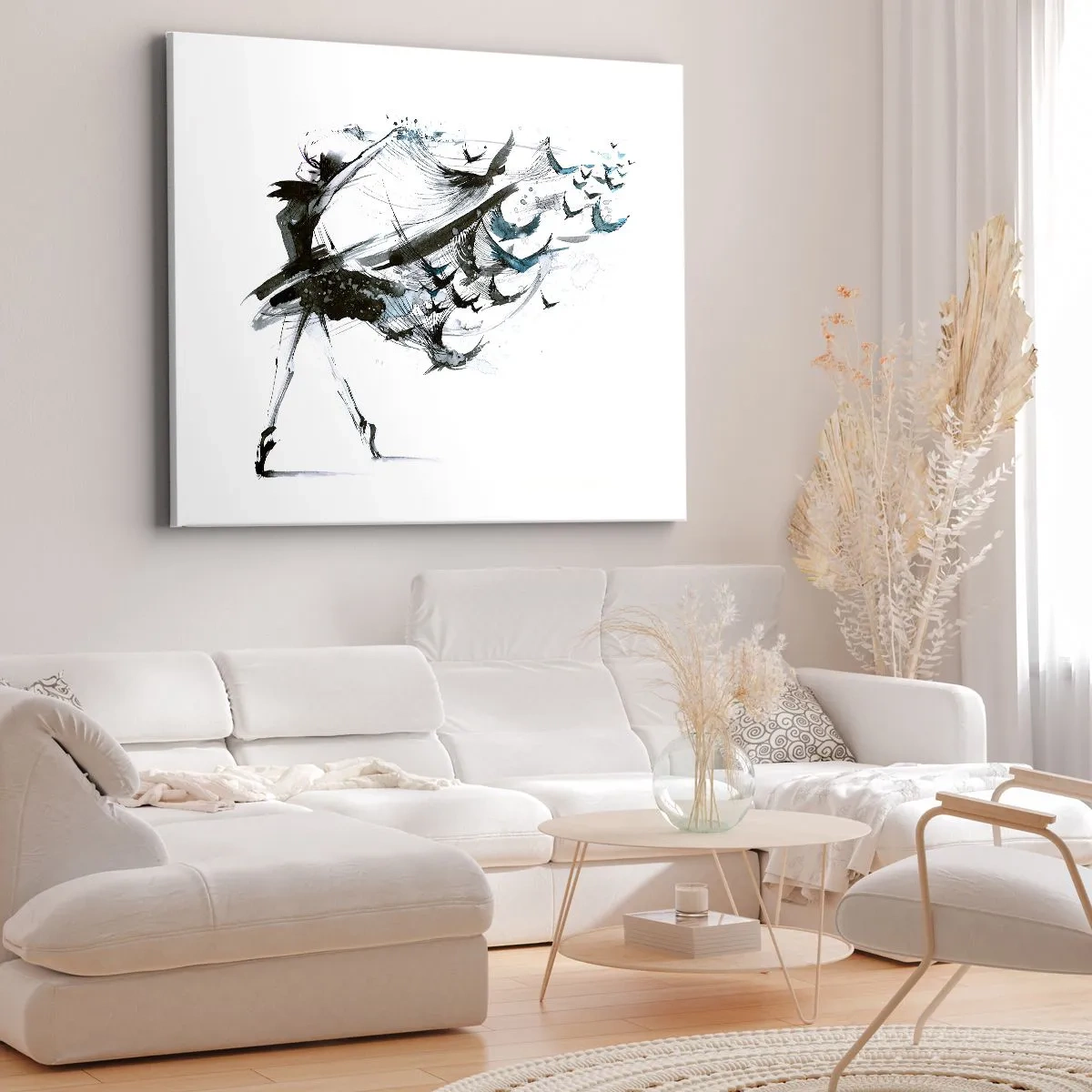 Quadro em tela - Uma dançarina com um vestido dinâmico em forma de pássaros - 70x50cm - A magia da música liberta - Decoração de parede moderna para a sala de estar e quarto ARTTOR