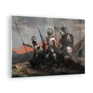 Quadro em vidro - Guerreiros com lanças e escudos contra o céu vermelho - 70x50cm - Com ou em um escudo - Decoração de parede moderna para a sala de estar e quarto ARTTOR
