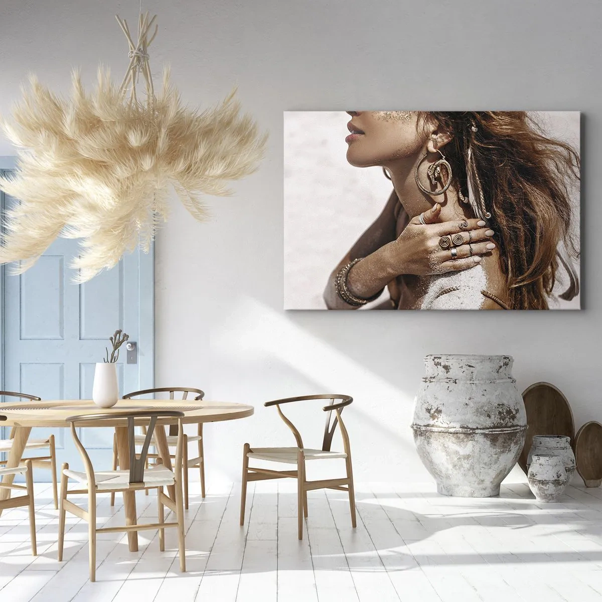 Quadro em tela - Mulher estilosa com joias em um fundo de areia clara - 70x50cm - A rainha da praia selvagem - Decoração de parede moderna para a sala de estar e quarto ARTTOR