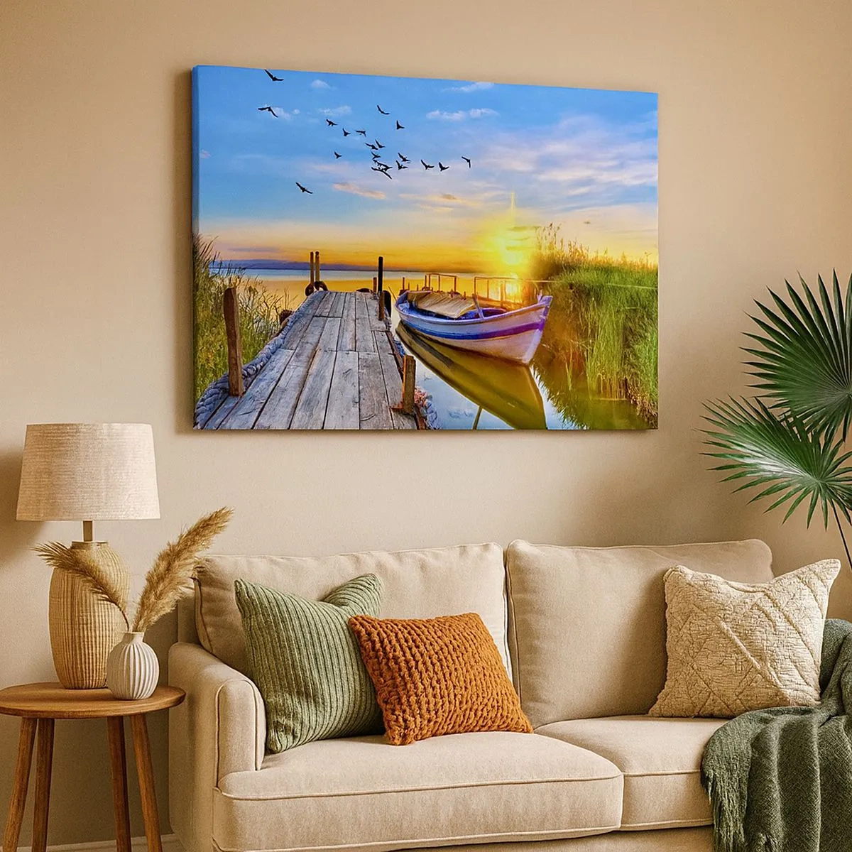 Quadro em tela - Um barco em um píer de madeira ao pôr do sol - 70x50cm - Adeus, até amanhã - Decoração de parede moderna para a sala de estar e quarto ARTTOR