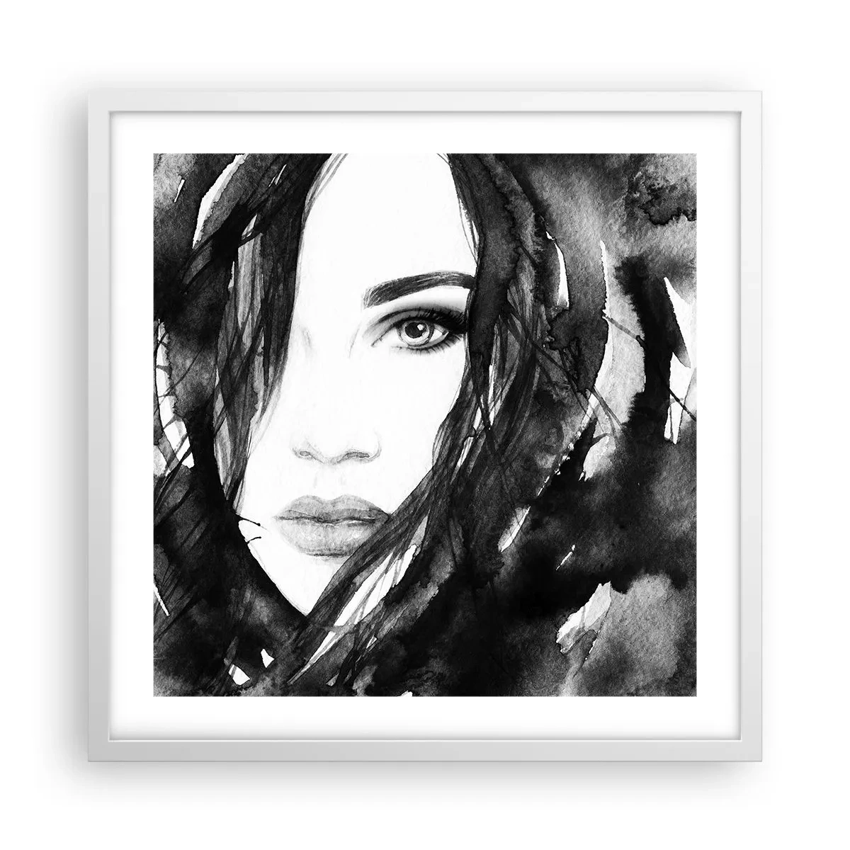 Pôster em moldura branca - Retrato de uma dama a preto e branco - 50x50 cm