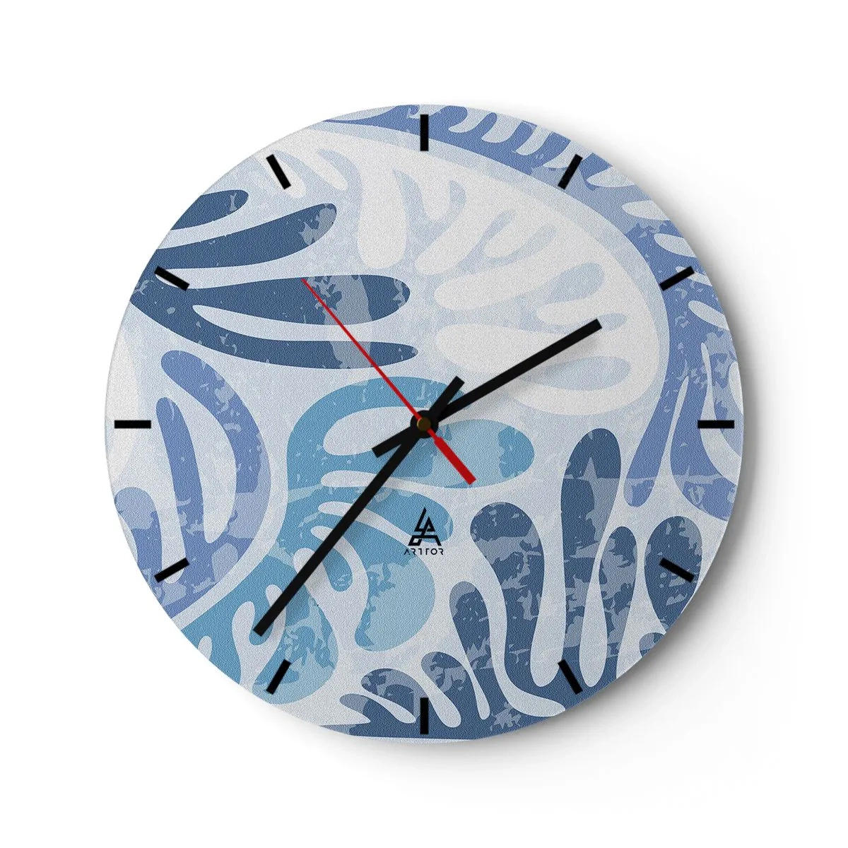 Relógio de parede - Relógio em vidro - Formas azuis orgânicas em um fundo claro - 30x30cm - Samambaias azuis - Decoração de parede moderna para a sala de estar, cozinha e quarto ARTTOR