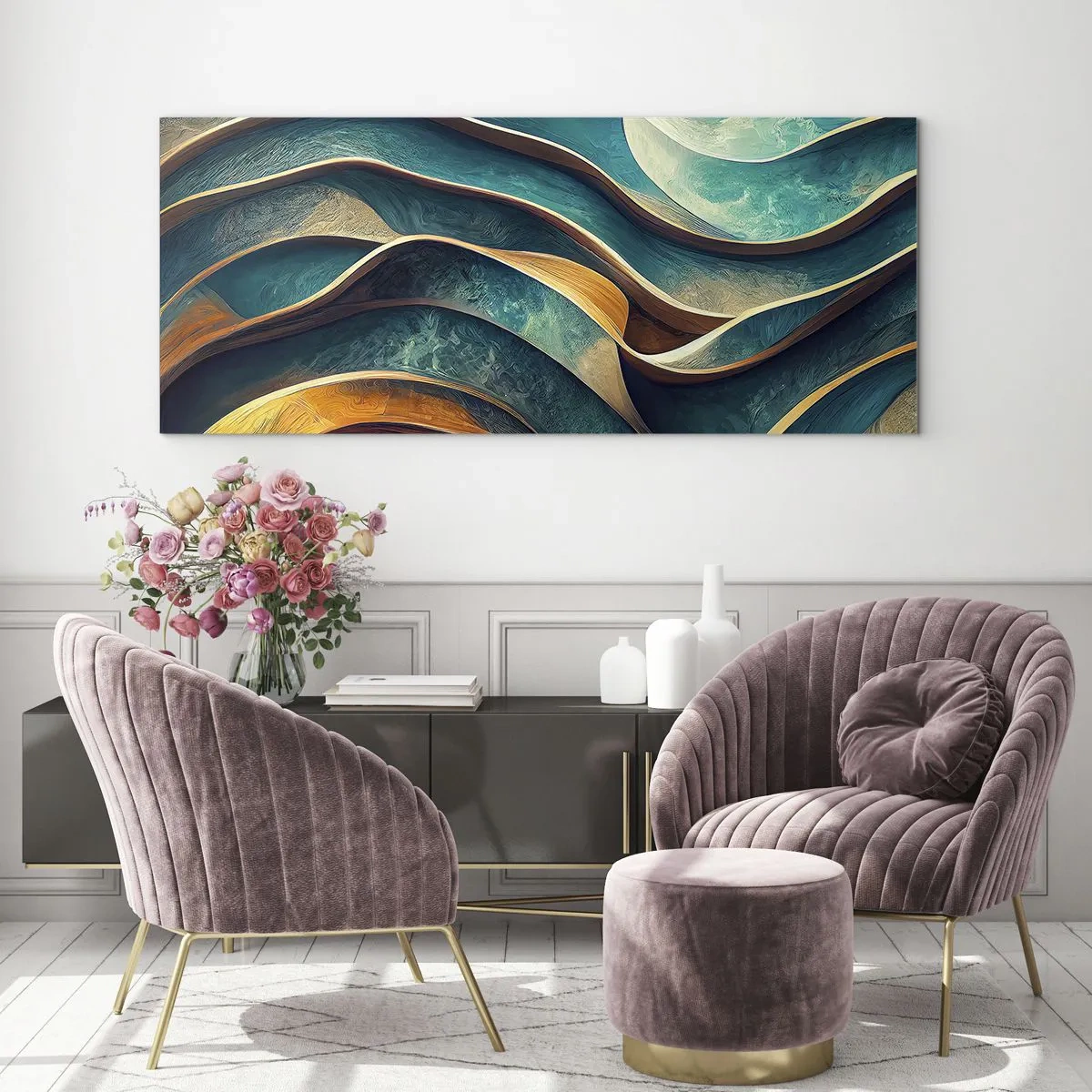 Quadro em vidro - Meandros de azul - 90x30 cm