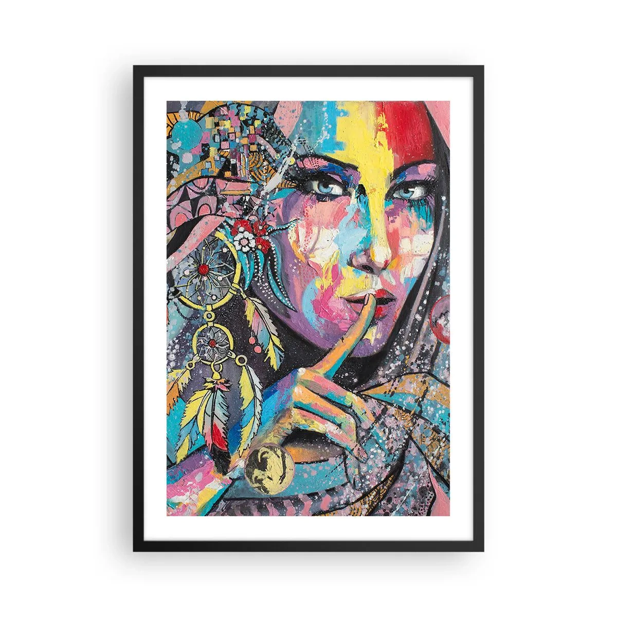 Pôster com moldura preta - Retrato colorido de uma mulher com penas e um apanhador de sonhos - 50x70cm - Fique em silêncio até compreender - Decoração de parede moderna para a sala de estar e quarto ARTTOR