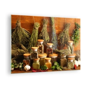 Quadro em vidro - Ervas e especiarias em potes sobre fundo de madeira - 70x50cm - Magias da cozinha - Decoração de parede moderna para a sala de estar e quarto ARTTOR