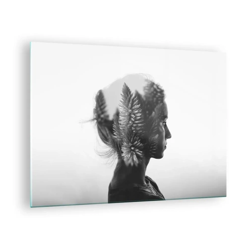 Quadro em vidro - Uma mulher em preto e branco com um motivo de floresta de coníferas sobreposto - 70x50cm - A senhora do pinhal - Decoração de parede moderna para a sala de estar e quarto ARTTOR