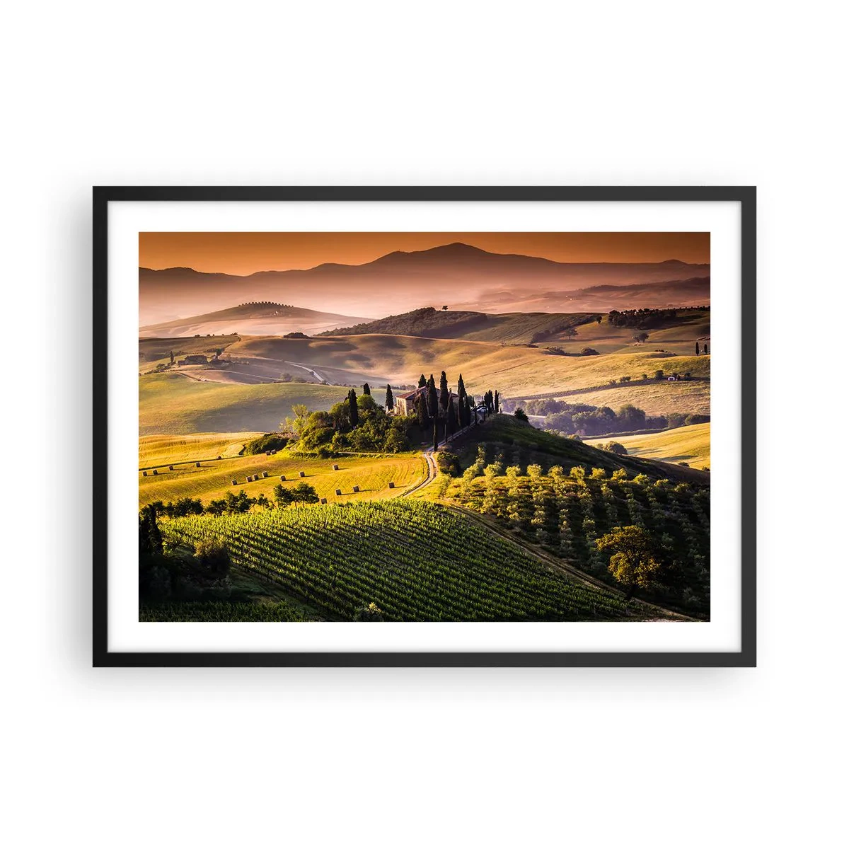 Pôster com moldura preta - Arcádia - Paisagem toscana - 70x50 cm
