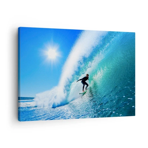 Quadro em tela - Um surfista em uma prancha surfa dentro de uma onda poderosa sob um céu azul. - 70x50cm - Azul gigante - Decoração de parede moderna para a sala de estar e quarto ARTTOR