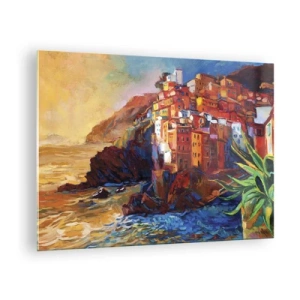 Quadro em vidro - Uma cidade colorida em um penhasco com vista para o mar - 70x50cm - Vibrações italianas - Decoração de parede moderna para a sala de estar e quarto ARTTOR